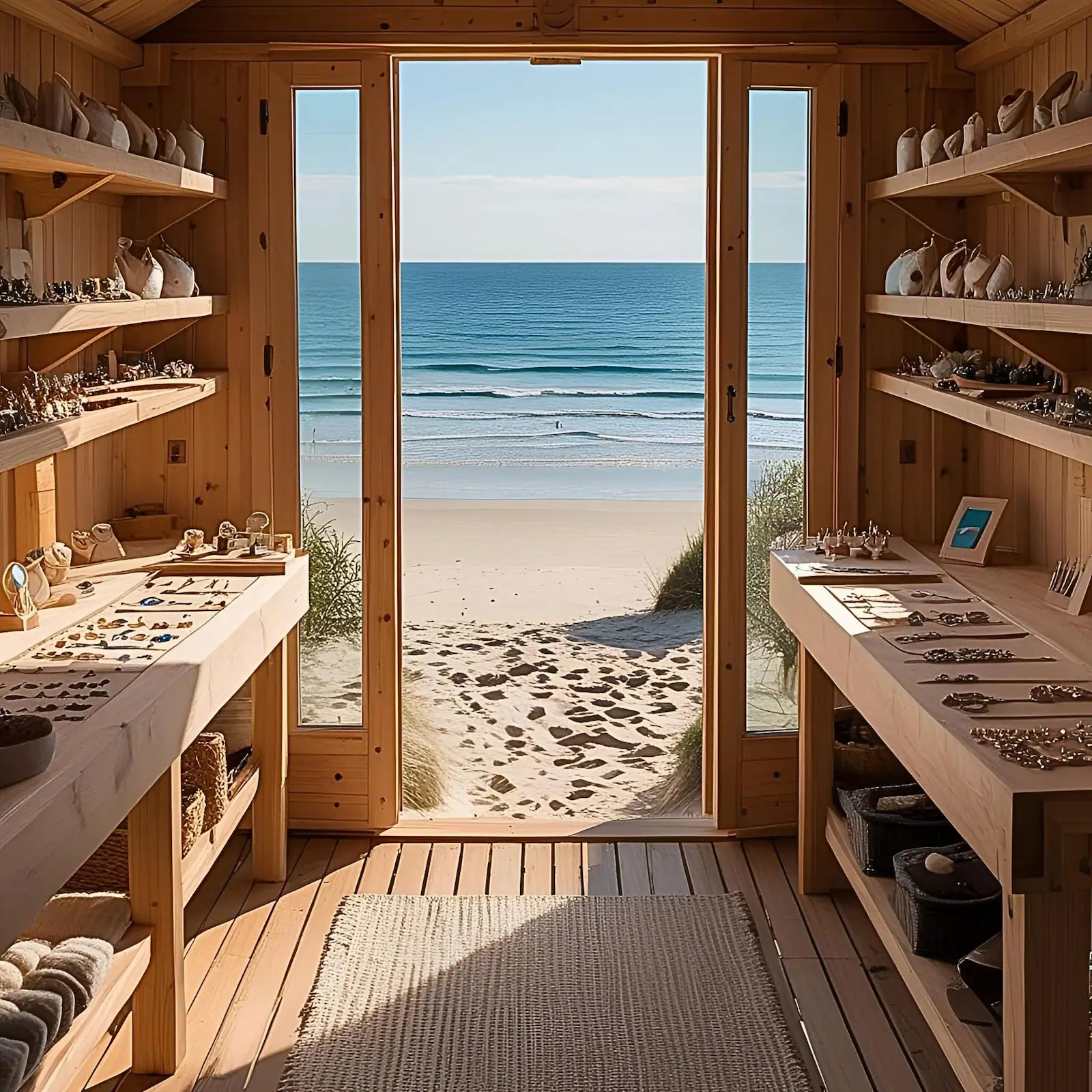 Vue de l'intérieur de l'atelier-boutique Sanaca Bijoux, une cabane en bois chaleureuse face à l'océan atlantique. Sud-ouest de la France. Les étagères présentent des créations artisanales uniques