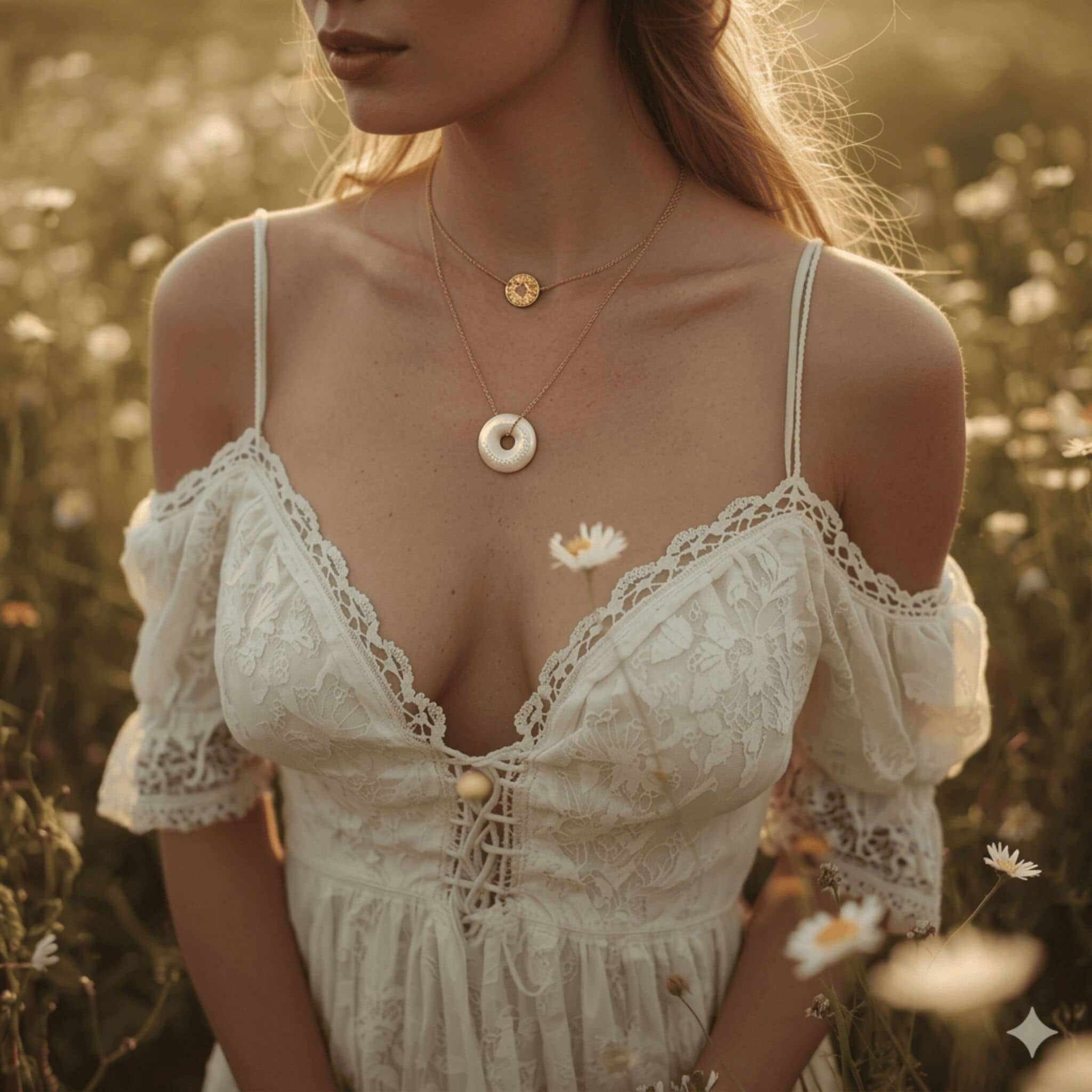 collier mumure porte au cou d'une femme dans les champs collection totem prive de sanaca bijoux