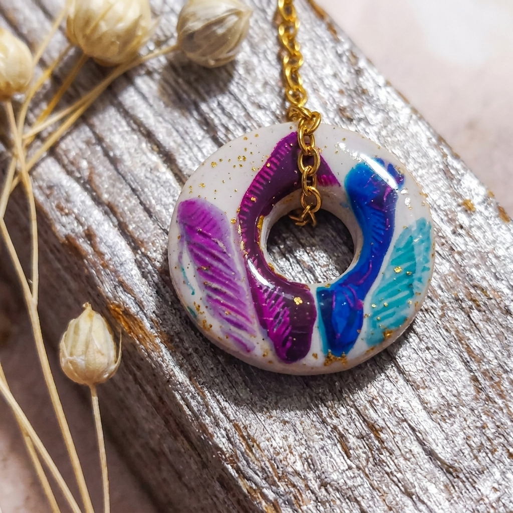 Pendentif Plume artisanal "Je veille sur toi" en argile polymère et résine haute définition, médaille de réconfort Pièce Unique vendue seule sans chaîne, création Sanaca faite main dans mon atelier du sud-ouest.