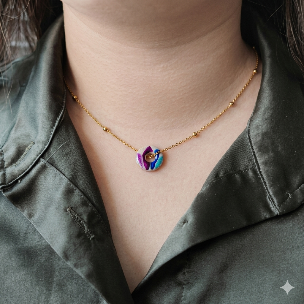 Pendentif artisanal "L'Enfant Intérieur" révélant son motif abstrait aux nuances violettes et turquoises, porté sur une fine chaîne dorée en acier inoxydable.