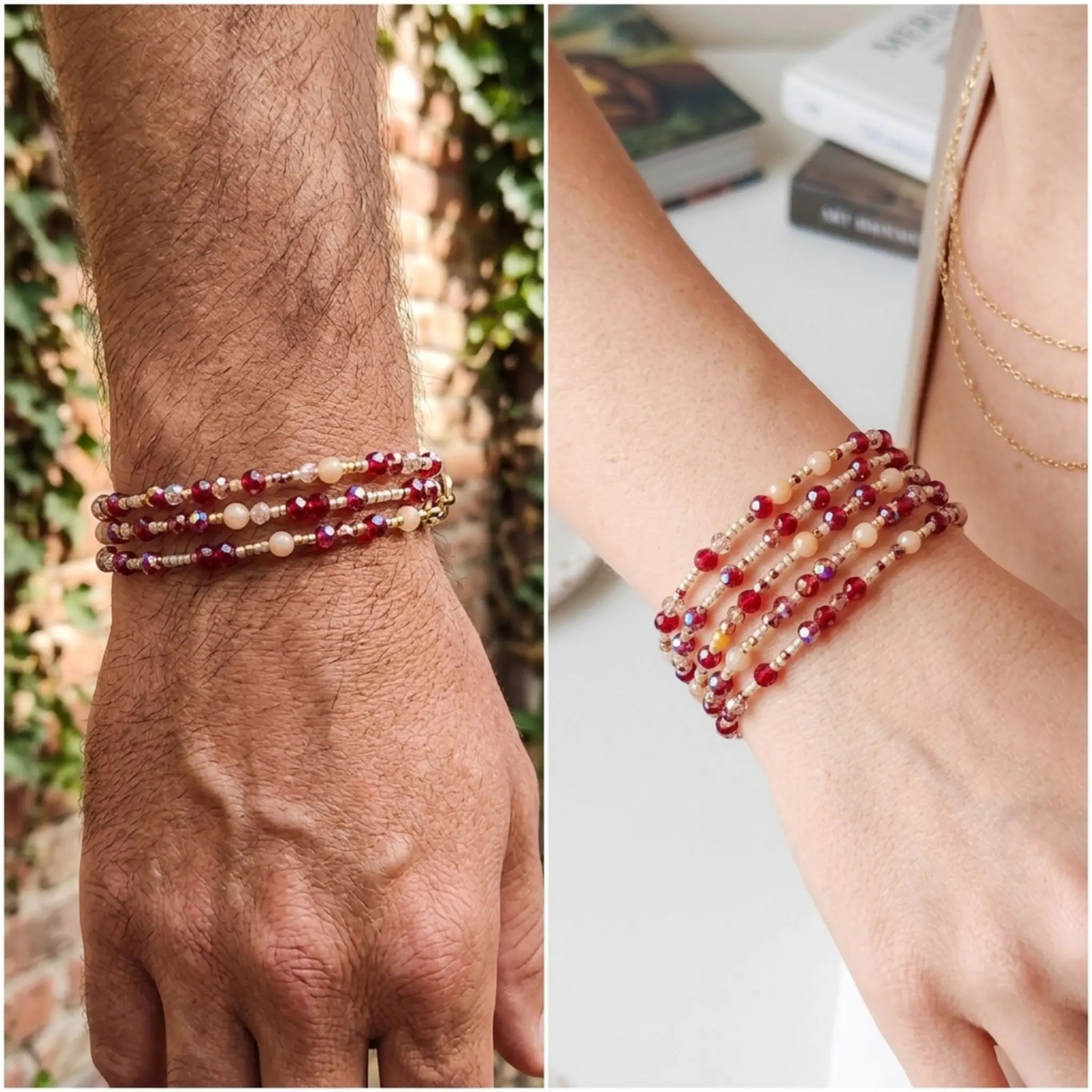 Un collage d'images montrant des bracelets multi-rangs sur le poignet d'un homme et d'une femme. Les bracelets sont composés de perles rouges, orange, blanches et noires, avec des accents dorés. Les bracelets sur le poignet de l'homme ont un design plus rustique, tandis que ceux sur le poignet de la femme sont plus délicats