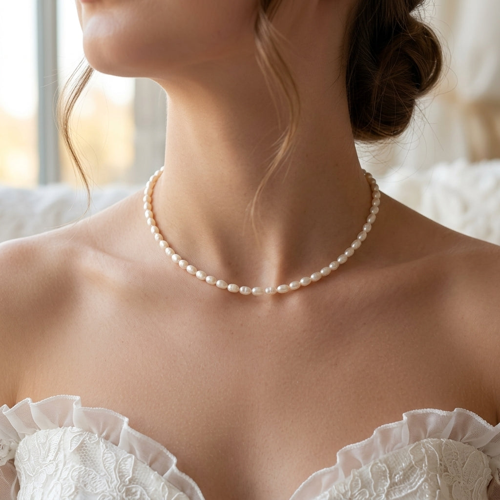 Gros plan sur le cou d'une mariée portant le collier ras de cou Sanaca en perles d'eau douce naturelles, associé à un corsage en dentelle blanche et un chignon flou.