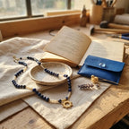 Composition poétique du collier Solis posé sur une table en bois clair. Le bijou est entouré d'une coupelle en céramique artisanale, d'un livre ancien ouvert, d'une pochette en simili cuir bleu Sanaca et de fleurs séchées sous une lumière douce de fin de journée.