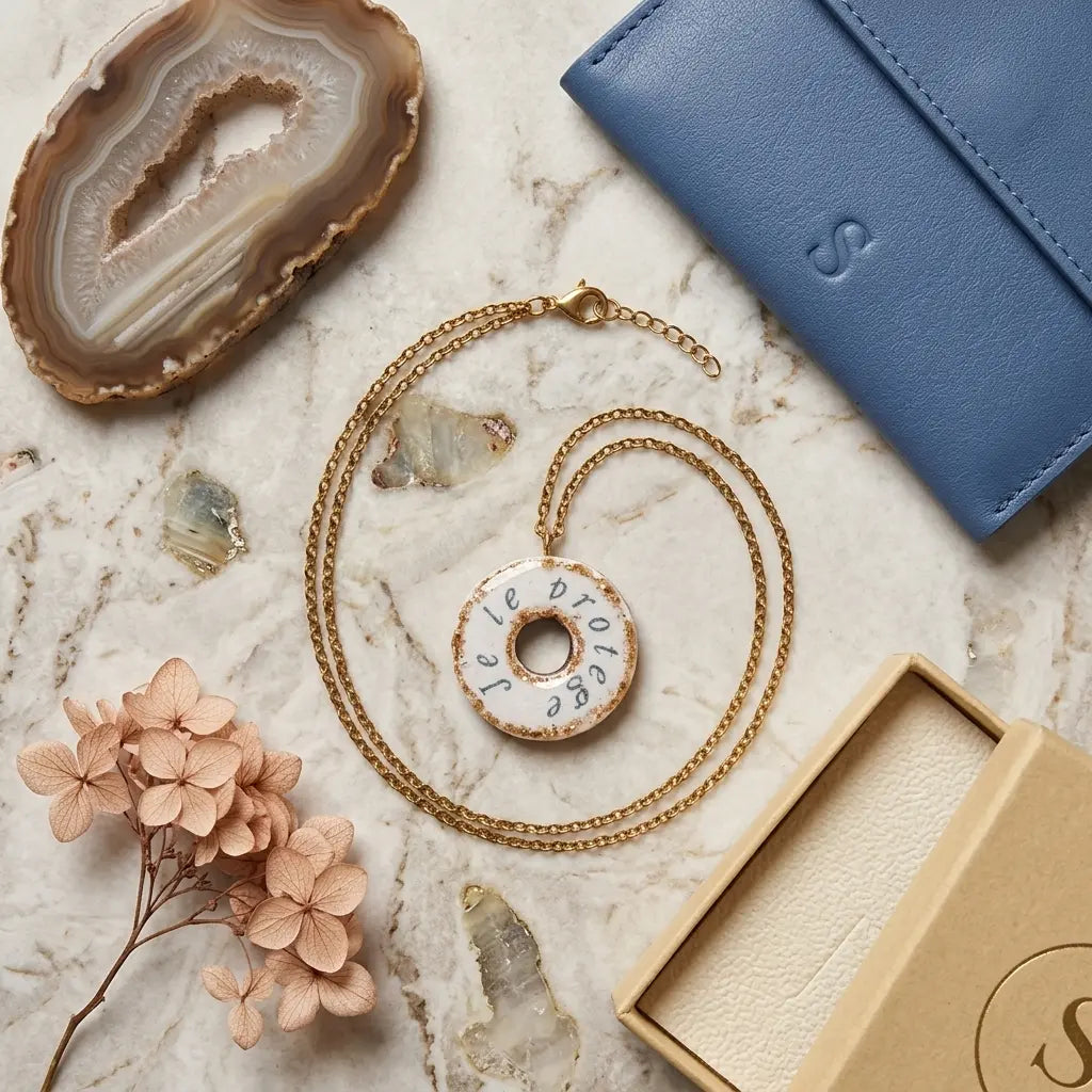 Photographie en plongée d'une composition luxueuse sur une surface en marbre clair veiné. Au centre, le collier au pendentif "beignet" blanc pailleté avec l'inscription "Je te protège" est entouré par sa chaîne dorée. Il est accompagné d'objets soigneusement disposés : une tranche d'agate polie aux tons beiges et bruns, une pochette en cuir bleu vif marquée d'un 'S' embossé, des brins de fleurs séchées roses délicates, une boîte-cadeau kraft beige avec un logo circulaire doré, et des petits éclats de crista
