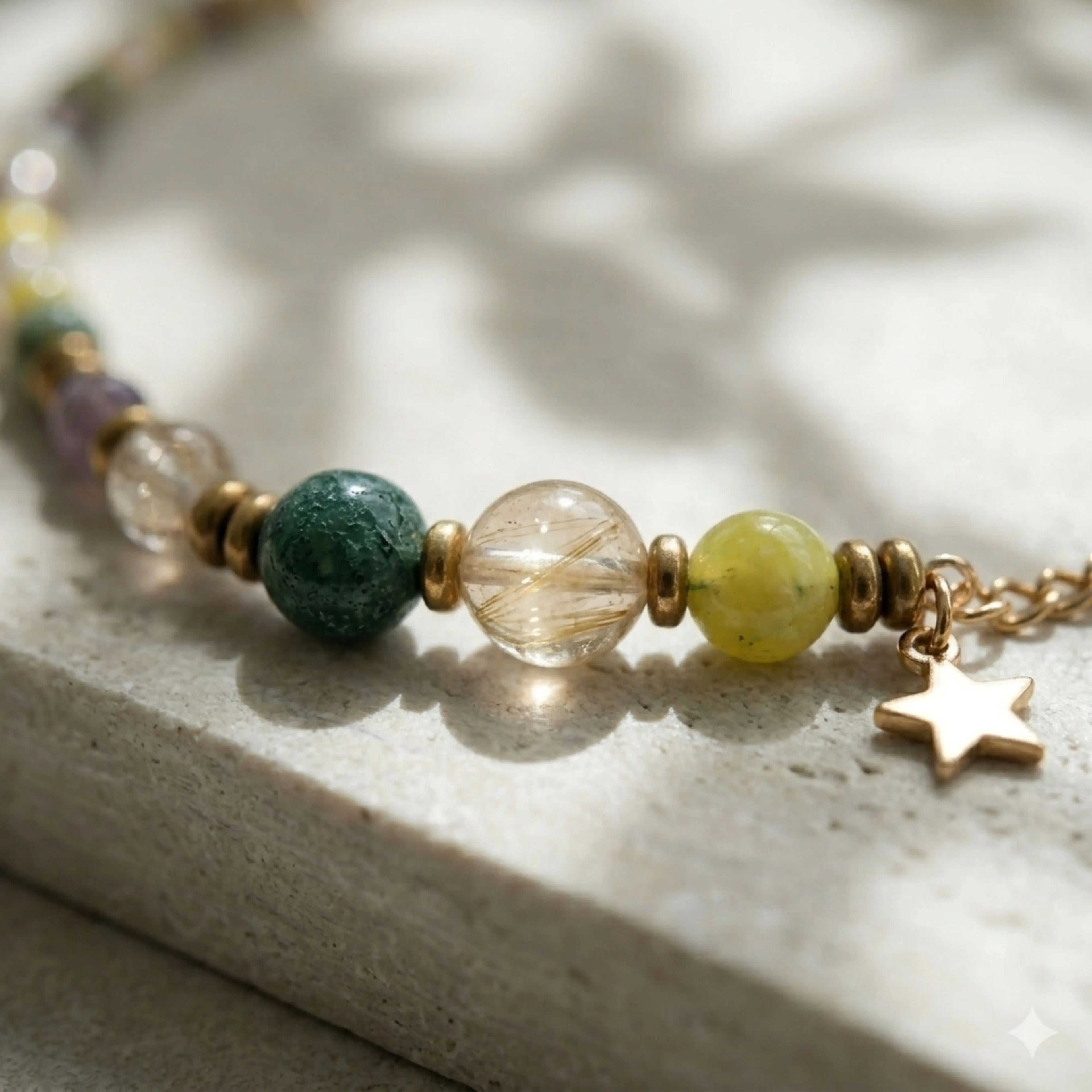 Détails des perles minérales véritables d'Agate Mousse et Quartz Rutilé sur le collier Orée dorée