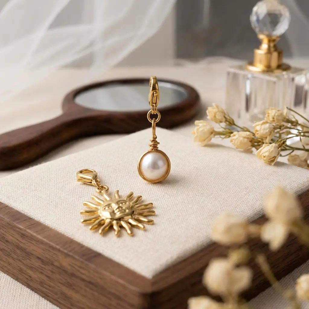 Nature morte élégante présentant deux breloques couleur or sur un socle en bois recouvert de lin. À l'arrière-plan, un miroir rond à manche en bois et un flacon de parfum transparent. Une breloque en forme de perle est suspendue au-dessus d'une breloque soleil au visage serein. Des fleurs séchées floues encadrent la scène.